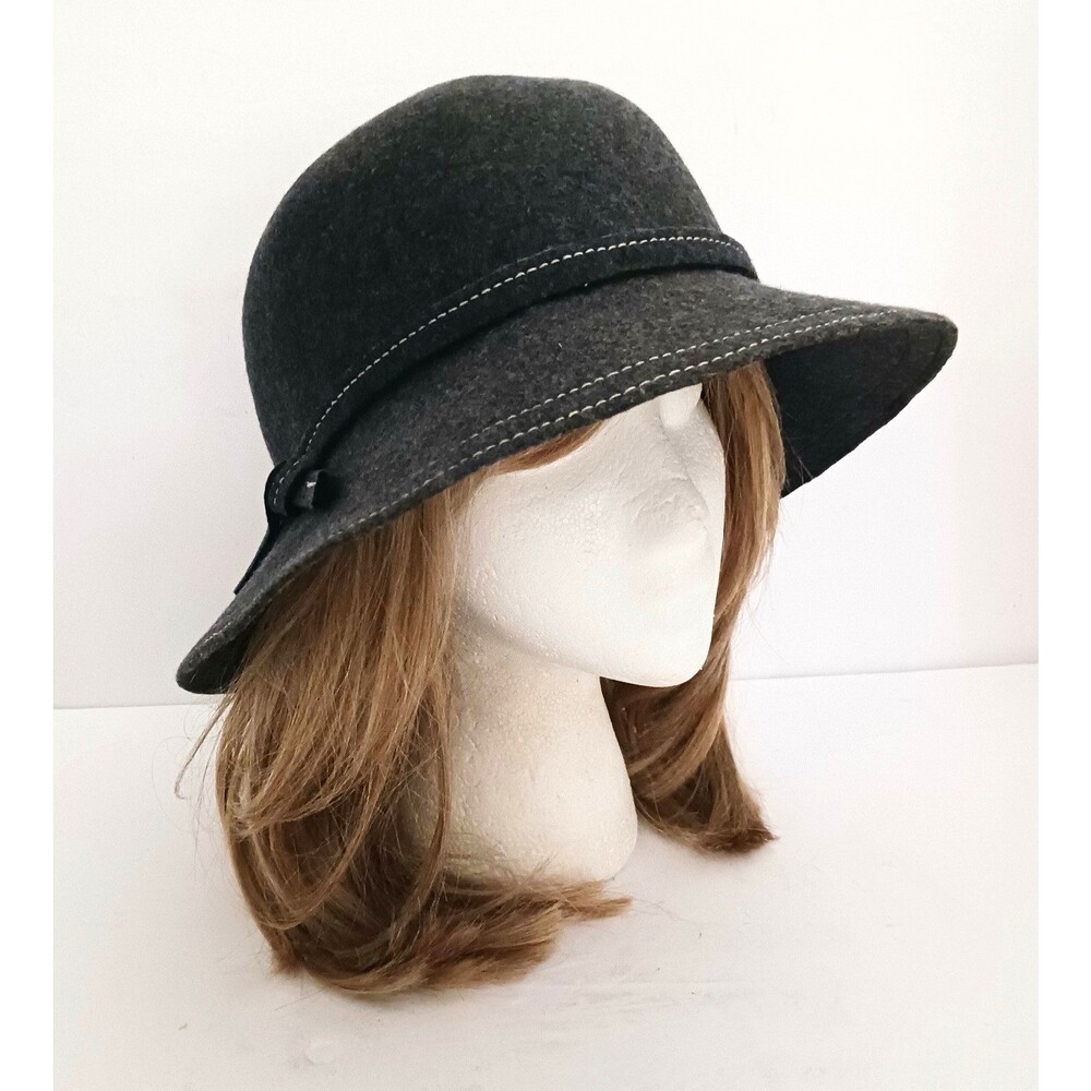 NEW Italian Wool Cloche Bucket Hat Gray w White Contrast Stitch Loop Bow O/S